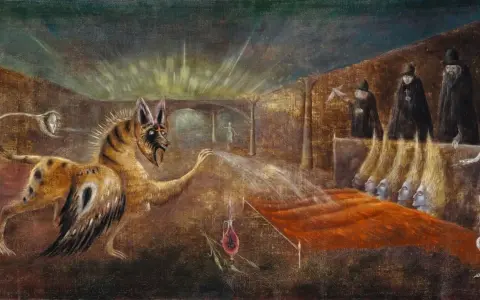 Œuvres d'art de Leonora Carrington : une créature hybride crache sur des têtes flottantes devant des figures en robe.