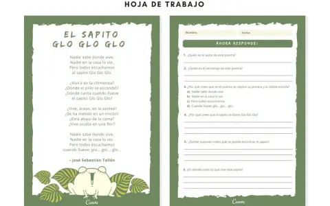 Hoja de trabajo con el poema "El sapito Glo Glo Glo" y preguntas para leer y responder. Incluye una ilustración de un sapito.