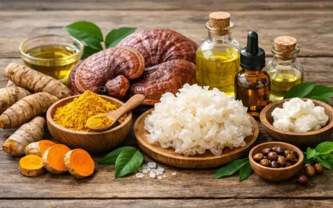 Naturalne składniki: kurkuma, grzyby reishi, olejki i białe grzyby, które mogą zawierać betaglukan.