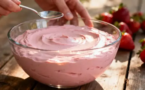 Bol de crème de fraises et mascarpone, avec des fraises fraîches sur le côté.