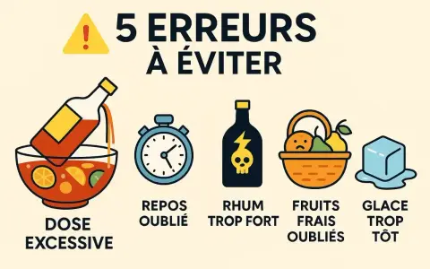 5 erreurs à éviter pour un bon rhum arrangé fraise : dose excessive, repos oublié, rhum trop fort, fruits frais oubliés, glace trop tôt.