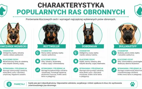 Cztery psy obronne: owczarek niemiecki, rottweiler, doberman i bullmastiff. Każdy z nich, mimo potencjalnie agresywne psy, wymaga odpowiedniego szkolenia.