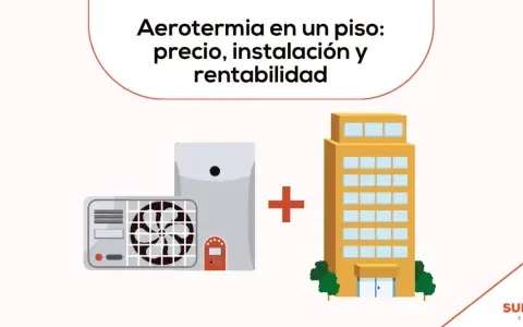 Unidades de aerotermia y un edificio, representando la instalación de aerotermia en un piso.