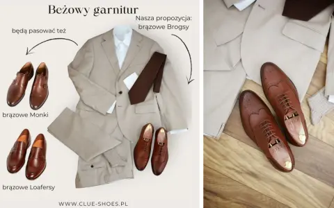 Beżowy garnitur i propozycje brązowych butów: Monki, Loafersy i Brogsy. Idealne jakie buty do beżowego garnituru.