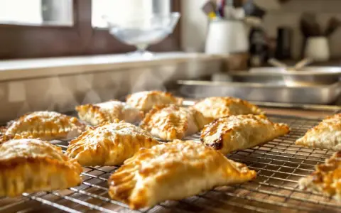 Empanadillas doradas y humeantes enfriándose en una rejilla.