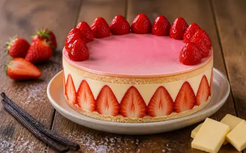 Gâteau rond avec un glaçage miroir fraise, décoré de fraises fraîches et de tranches de fraises sur le pourtour.