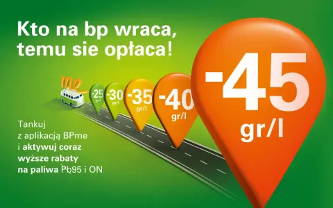 BP promocja: tankuj z aplikacją BPme i aktywuj rabaty do -45 gr/l na paliwa Pb95 i ON. Kto na BP wraca, temu się opłaca!