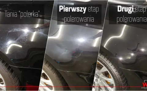 Porównanie efektów: tania "polerka" vs. pierwszy i drugi etap polerowania auta. Widać różnicę w głębi lakieru.