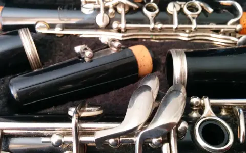 Détail d'une clarinette démontée, prête pour apprendre à jouer de cet instrument. Les clés argentées brillent.