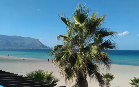Słoneczna plaża na Sycylii w październiku. Palmy, turkusowe morze i góry w oddali. Idealna pogoda na spacer.