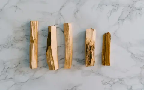 Seis trozos de palo santo sobre mármol. El palo santo se usa para purificar y aromatizar.