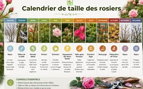 Calendrier pour savoir comment tailler un rosier mois par mois, de janvier à décembre, avec des conseils essentiels.