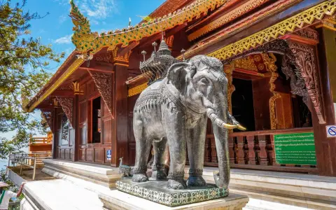 Chiang Mai atrakcje: kamienny słoń przed ozdobną świątynią z bogato zdobionym dachem.