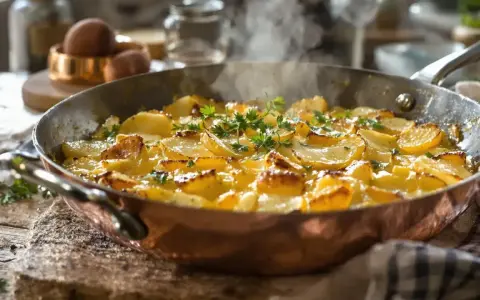 Un plat traditionnel auvergnat : des pommes de terre coupées en fines rondelles, dorées et fumantes dans une poêle en cuivre, garnies de persil frais.