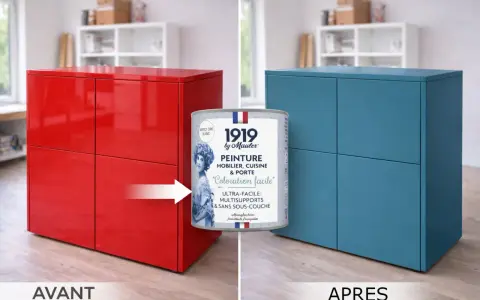 Avant/Après : une commode rouge transformée en bleu avec la peinture Mauler. La différence entre laque et peinture est ici évidente.