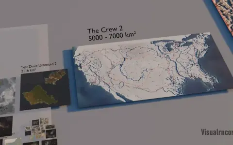 Mapa gry The Crew 2, porównująca jej ogromną powierzchnię z innymi grami. Cała ekipa graczy może przemierzać te tereny.