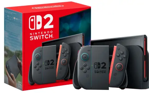 Zestaw Nintendo Switch w języku polskim: konsola, dwa kontrolery Joy-Con i stacja dokująca.
