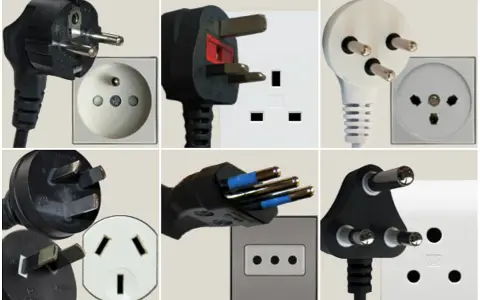 Różne rodzaje wtyczek i gniazdek elektrycznych, w tym te używane we Włoszech.