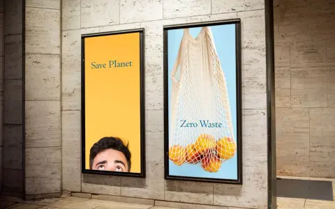 Dos carteles publicitarios con altas resoluciones de imágenes. Uno muestra un ojo mirando hacia arriba sobre fondo amarillo con "Save Planet". El otro, una bolsa de red con melocotones y "Zero Waste".