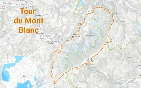 Carte du Tour du Mont Blanc, montrant les sentiers en orange et vert, traversant des villes comme Chamonix et Courmayeur.