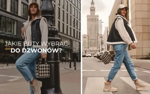 Kobieta w jeansach dzwonach i beżowych traperach, idealne buty do dzwonów. Stylizacja miejska.