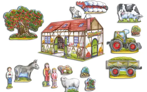 Bunte Bauernhof Bastelvorlagen mit Haus, Tieren, Traktor und Kindern. Perfekt für kleine Landwirte zum Spielen und Gestalten.