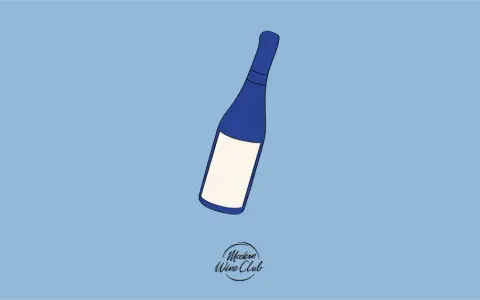 Niebieska butelka wina z jasną etykietą, unosząca się na błękitnym tle. Pod spodem logo "Modern Wine Club".