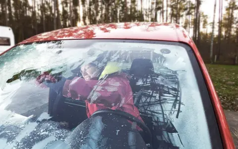 Frau versucht, die vereiste Autoscheibe innen freizukratzen. Tipps zur Vorbeugung von vereister Autoscheibe innen.