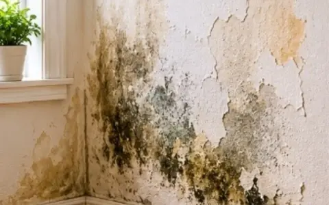 La pintura se cae de la pared por humedad, formando manchas oscuras y descamándose.