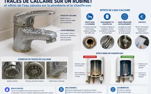 Robinet entartré par l'eau calcaire, un problème courant à Strasbourg. L'image montre les dépôts blancs et les effets sur la robinetterie et le chauffe-eau.
