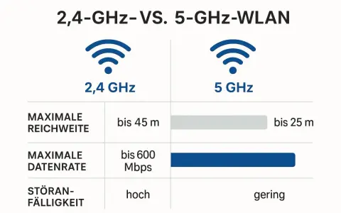 Vergleichstabelle: 2,4 GHz vs. 5 GHz WLAN. So kannst du die WLAN Frequenz herausfinden und die Unterschiede bei Reichweite, Datenrate und Störanfälligkeit erkennen.