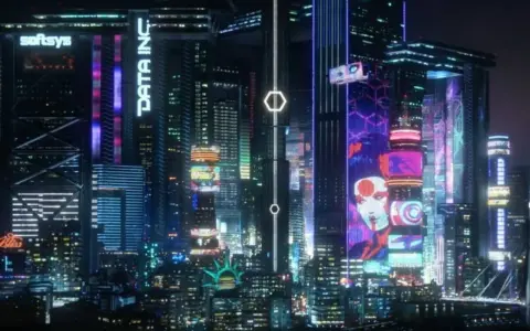 Noche futurista con rascacielos iluminados por neones, anuncios digitales y la silueta de una ciudad que evoca la actualización cyberpunk 2077.
