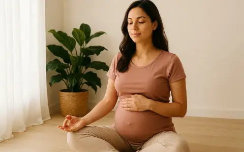 Gravid kvinna sitter i lotusställning och utövar meditation. Hon har slutna ögon och en hand på sin mage. En grön växt står i bakgrunden.