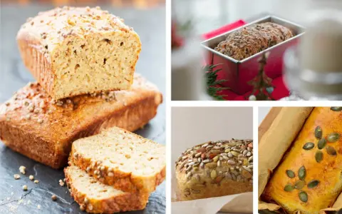 Vier Bilder zeigen verschiedene Brote, die in Kastenformen gebacken wurden. Ein Brot ist mit Körnern bestreut, ein anderes mit Kürbiskernen.