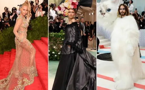 Beyoncé in sheer gown, Zendaya in black dress with floral hat, and Jared Leto in a cat costume.
