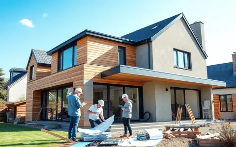 Trois hommes discutent des plans d'une extension de maison de 20m2 devant une maison moderne en bois et pierre.