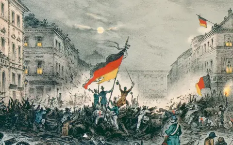 Straßenschlacht in Berlin 1848. Barrikaden, Aufständische mit Fahnen und Soldaten im Kampf. Die gegenrevolution 1848 ist im Gange.