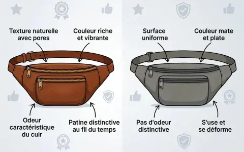 Comparaison de deux sacs banane : l'un en cuir naturel, l'autre en tissu synthétique. Le cuir offre une texture poreuse et une patine unique, tandis que le tissu est uniforme mais se déforme.
