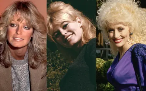 Ikony stylu z lat 80. z bujnymi fryzurami: Farrah Fawcett, Brigitte Bardot i Dolly Parton.