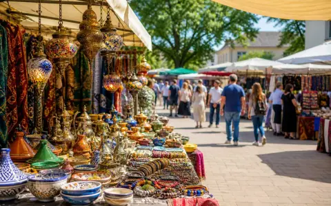 Bunte Lampen, Keramik und Textilien auf einem orientalischen Warenmarkt. Menschen schlendern zwischen den Ständen hindurch.