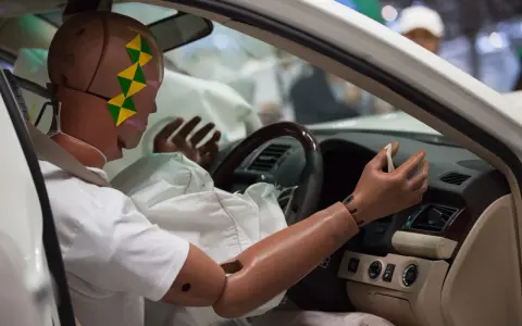 Maniquí en un coche, con el airbag desplegado. El airbag, entre otras funciones, protege de impactos.