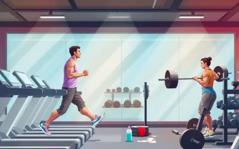 Mężczyzna biegnie na bieżni, kobieta podnosi sztangę. Wybierz swój trening: siłowy czy cardio.