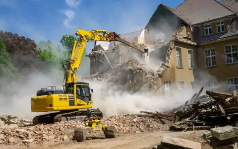 Żółta koparka burzy budynek, unosząc tumany pyłu. To obrazek o wyburzenie domu koszt, pokazujący skalę prac.