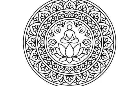 Mandala complexe et symétrique, représentant Bouddha méditant sur un lotus. Un dessin symétrique difficile à colorier.