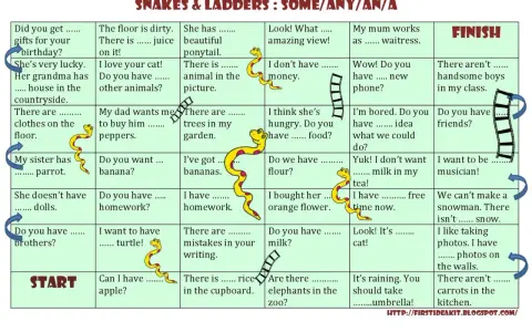 Tabelka z grą "Snakes & Ladders" do ćwiczenia zaimków "some/any/an/a".