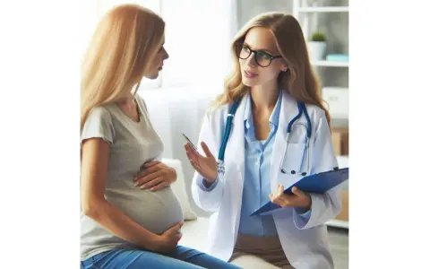 Lekarka omawia z ciężarną pacjentką szczepionkę.