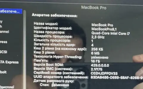 Informacje o sprzęcie MacBook Pro, w tym procesorze i pamięci. Przydatne, gdy zastanawiasz się, jak sformatować Maca.