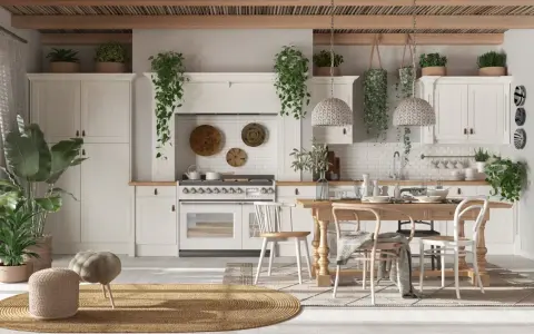 Cucina luminosa con mobili chiari, tante piante e un tavolo in legno. Un'atmosfera country chic rilassante.