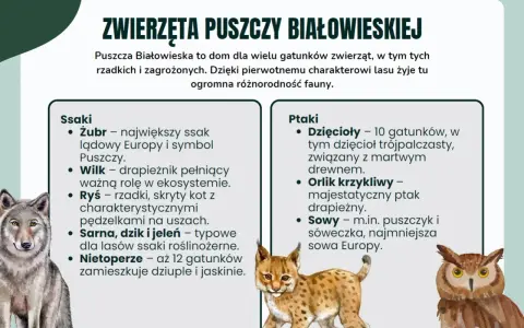 Ciekawostki o Białowieskim Parku Narodowym: zobacz rysia, wilka, żubra i ptaki. Puszcza to dom dla wielu gatunków.
