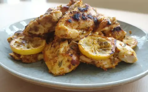 Grillad, saftig marinad kyckling med citronskivor på en ljusblå tallrik. Perfekt för en sommarfest!